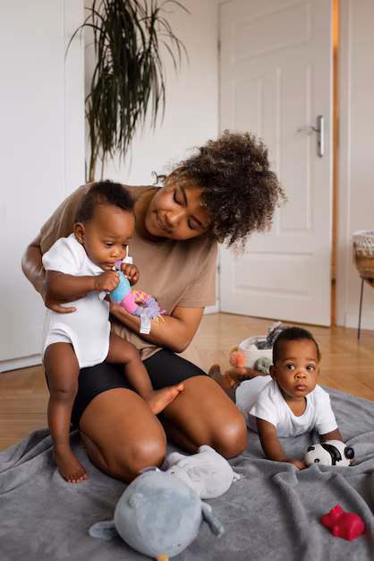 A mother gently caring for a baby at home