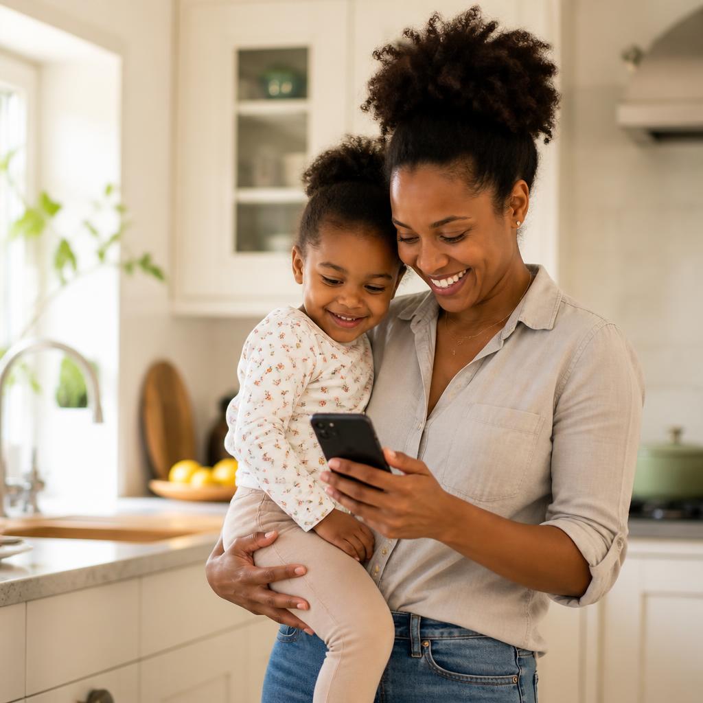 A mother searching for a verified caregiver on her phone